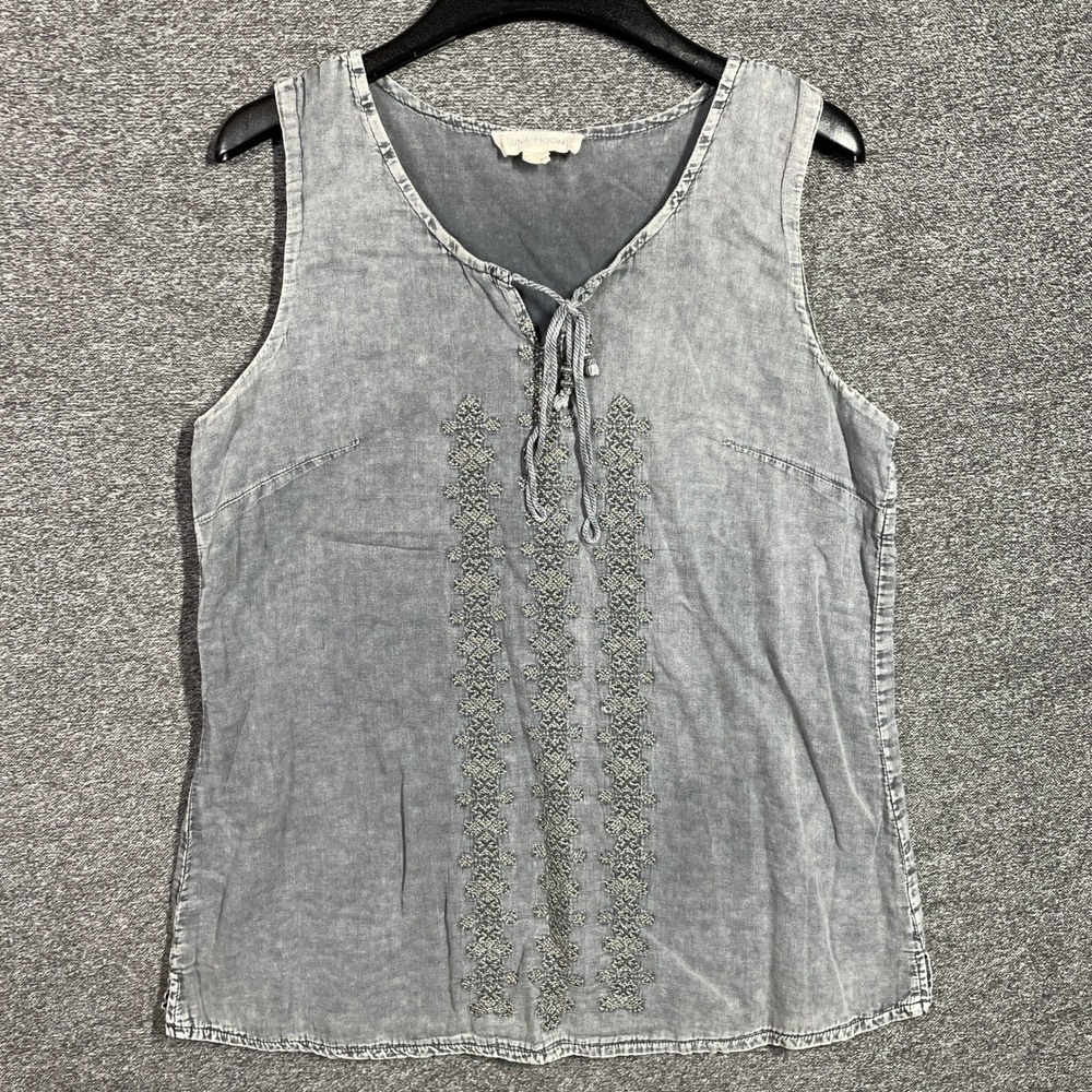 Luna Moon Top Womens L Gray Acid Wash Embroidered Sleeveless Tie Neck Cotton
